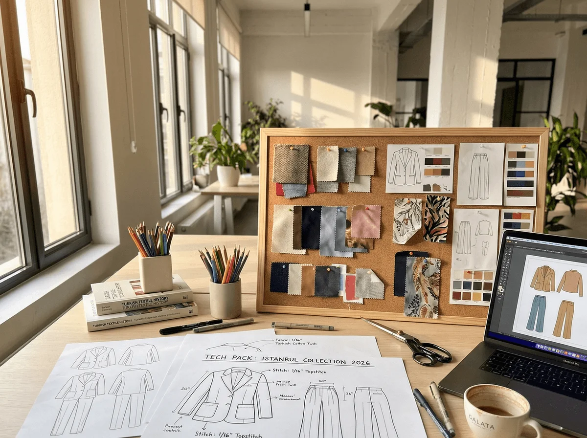 Fashion design consultation workspace with tech pack sketches and mood board