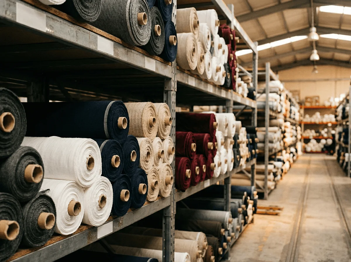 Premium fabric rolls in a textile warehouse