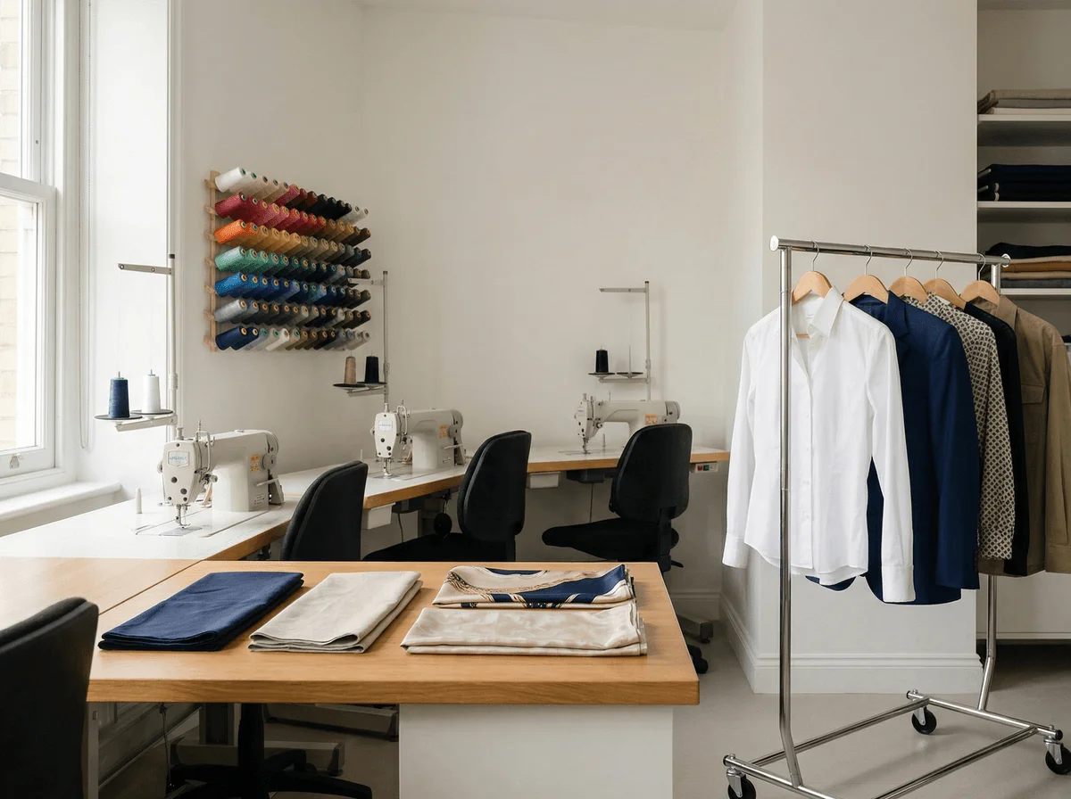 Organized garment production workshop with sewing machines