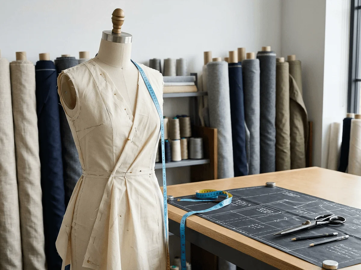 Garment prototyping workspace with dress form and fabric rolls